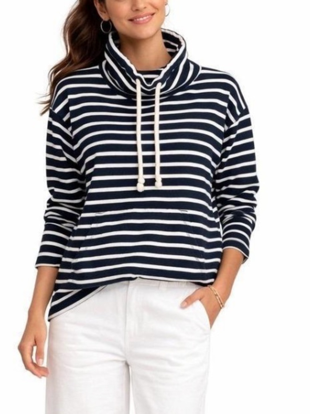 🩷 J Crew Striped Navy and White Nautical  Women's Funnel Neck Hoodie size M